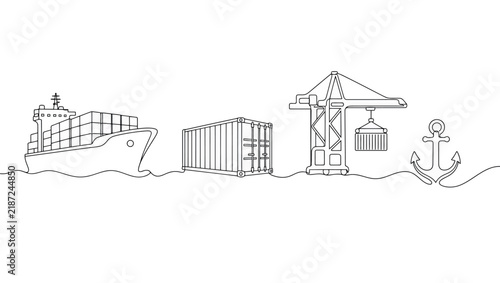 Continuous line art shipping and logistics concept illustration with container ship, cargo crane, shipping container and anchor