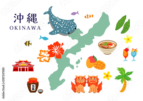 沖縄旅行　観光のカラフルなイラスト素材セット
