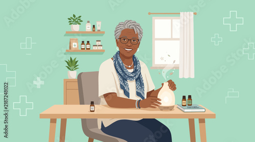 Elderly Woman Using Aromatherapy Diffuser with Essential Oils