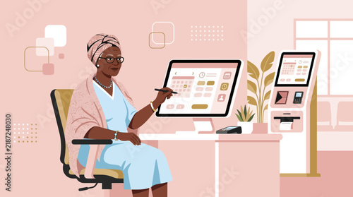 Elderly woman using computer and self-service kiosk, transparent background
