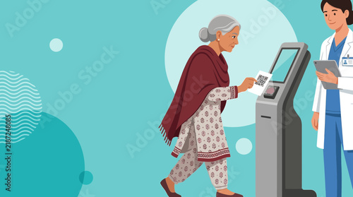 Elderly Woman Using Digital Kiosk with Doctor Nearby