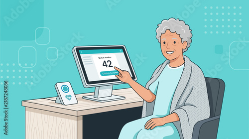 Elderly Woman Using Digital Ticket Kiosk in Waiting Room