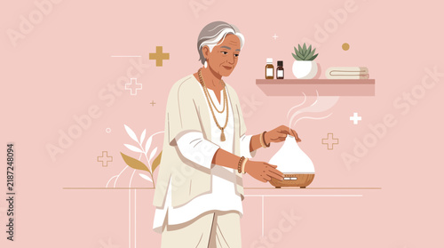Elderly Woman Using Essential Oil Diffuser for Aromatherapy - Isolated