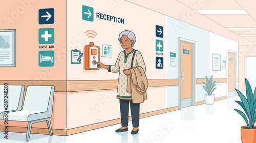 Elderly Woman Using Help Call Button in Hospital Corridor