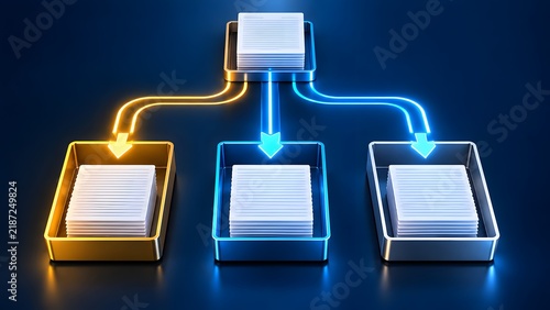 Glowing neon arrows routing documents into separate trays, illustrating digital workflow, file sorting, data classification, and office automation.