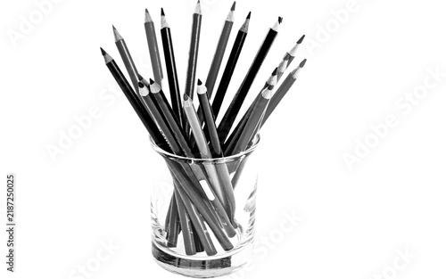Black Pens and Writing Instruments in a Transparent Desk Cup, Minimal Office Stationery Collection Isolated on White