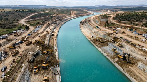 Aerial view of a major canal construction site with heavy machinery and excavators