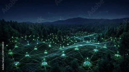 Digital network grid connecting smart sensors in a dark forest
