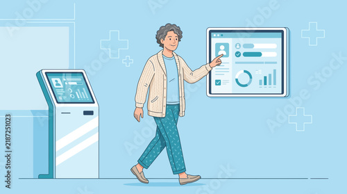 Elderly woman interacting with digital healthcare kiosk and touchscreen
