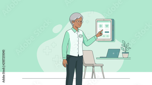 Elderly Woman Interacting with Digital Healthcare App on Tablet