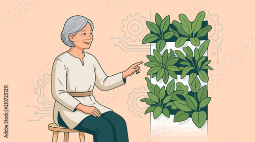 Elderly Woman Interacting with Vertical Garden, Technology and Nature Blend