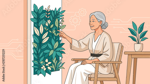 Elderly Woman Interacting with Smart Vertical Garden in Modern Home