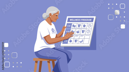 Elderly Woman Interacting with Wellness Program Chart