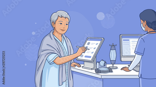 Elderly Woman Interacts with Medical Tablet Screen Assisted by Nurse