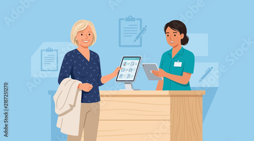 Elderly Woman Interacts With Receptionist Holding Tablet