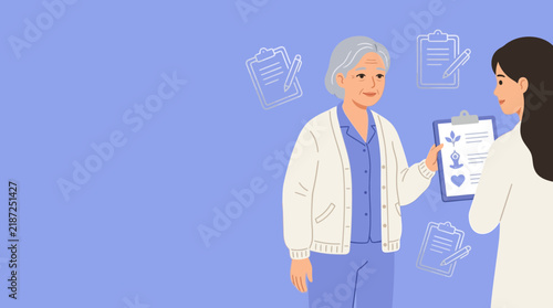 Elderly Woman Medical Consultation, Doctor With Clipboard and Icons, Healthcare