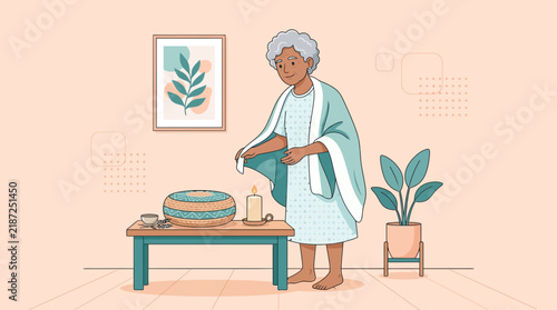Elderly woman lighting candle next to woven basket and potted plant