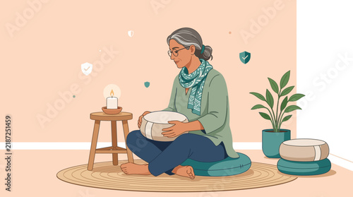 Elderly Woman Meditating with Zafu Cushion and Candle