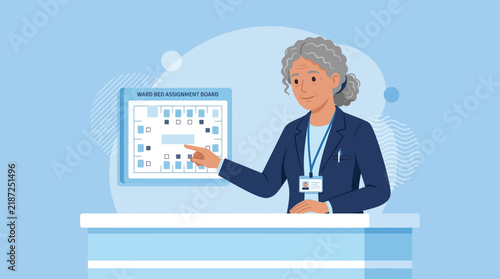 Elderly Woman Nurse Points at Hospital Bed Assignment Board