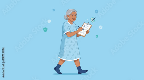 Elderly Woman Completing Medical Form on Clipboard with Security Shields