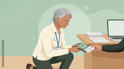Elderly woman paying money at a desk with laptop and documents