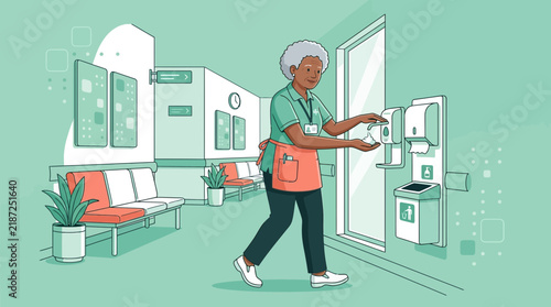 Elderly Woman Cleaning Hands with Sanitizer in Healthcare Waiting Room