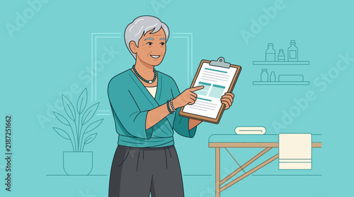Elderly Woman Consultant Explaining Document on Clipboard in Spa