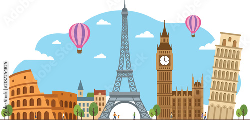 European travel landmarks vector illustration with eiffel tower colosseum big ben and leaning tower of pisa