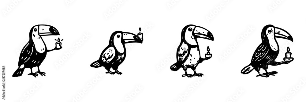 Fototapeta premium Toucan Bird With Candle Hand Drawn Doodle Icon Set. Light And Illumination Sketch Symbol Collection. Wildlife And Nature Decorative Design. Isolated Vector Illustration