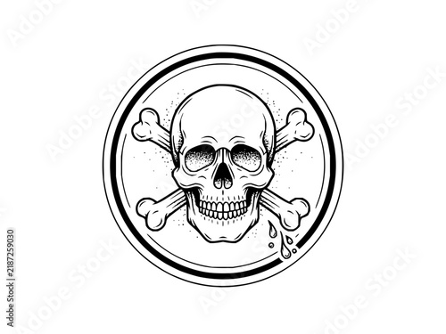 Gothic pirate skull and crossbones emblem in a circular border with splatter details