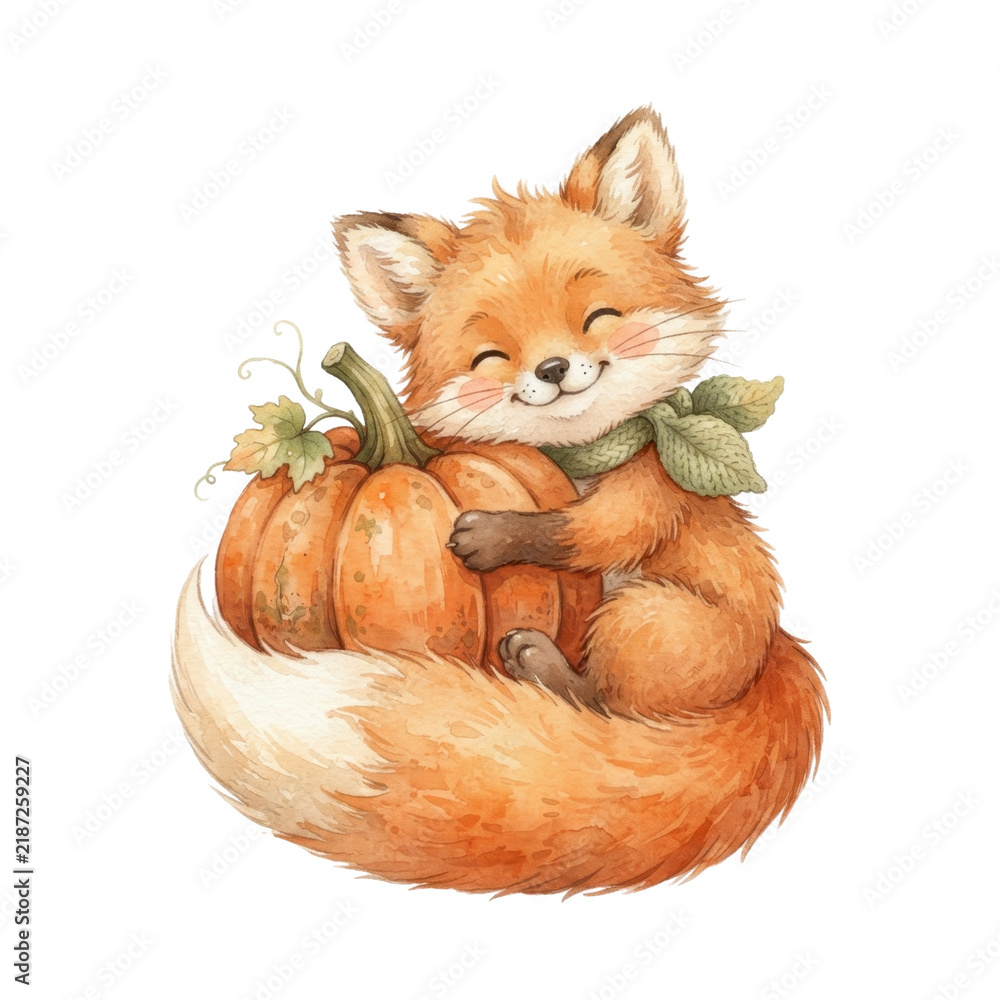 Fototapeta premium Cute watercolor fox cub hugging a pumpkin wearing a cozy scarf