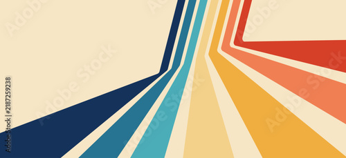 Groovy 70s rainbow stripe motion with refracted perspective speed lines, psychedelic geometric pattern, retro multicolor abstract ribbon road, vector illustration for poster and banner
