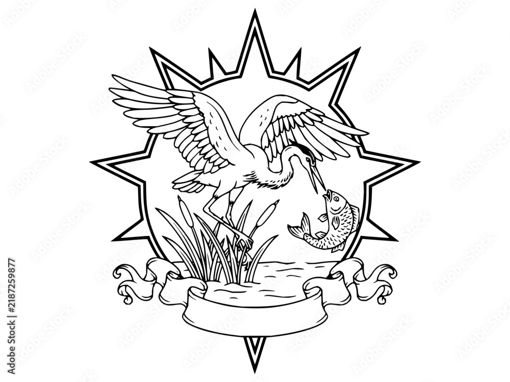 Fototapeta premium Line art emblem of a heron catching a fish with a starburst background and blank banner