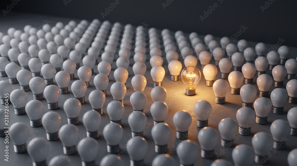 Fototapeta premium A single glowing light bulb standing out among many unlit bulbs on a dark surface with single illuminated glass glows brightly center large grid identical