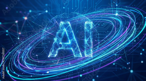 Futuristic artificial intelligence concept with glowing AI letters, neural network connections, digital data streams. AI generated