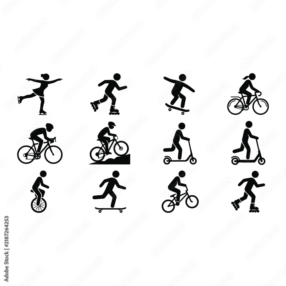 Obraz premium Sports icons set: cycling, skating, skateboarding, scooter, athlete activity pictograms.