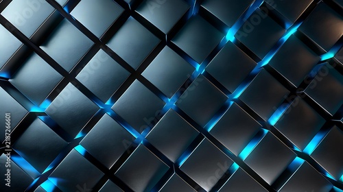 Abstract metallic diamond neon wall, brushed silver chrome cubes, glowing neon blue gaps diagonal grid, dramatic shadow depth, luxury premium background, cinematic render