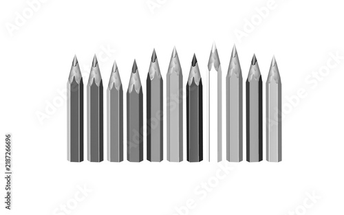 Gray pencils cluster 3D render illustration, sharpened silver wooden pencils close up group isolated on white background for school, education, stationery, art supplies and back to school element