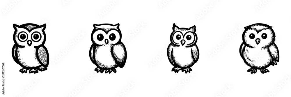 Fototapeta premium Owls Hand Drawn Doodle Icon Set. Stylized Hand-Drawn Owl Sketch Symbol Collection. Wildlife And Nature Animal Icons. Isolated Vector Illustration