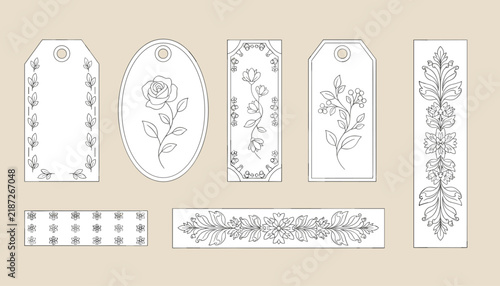 Collection of elegant floral gift tag templates with delicate black and white line art drawings of roses and botanicals.