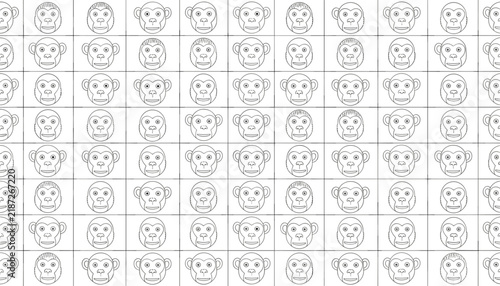 Funny seamless pattern featuring many cute monkey faces in black outline on a clean white background.