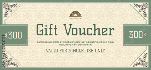 Vintage Gift Voucher Template with 300 dollars Value and Elegant Ornamental Background