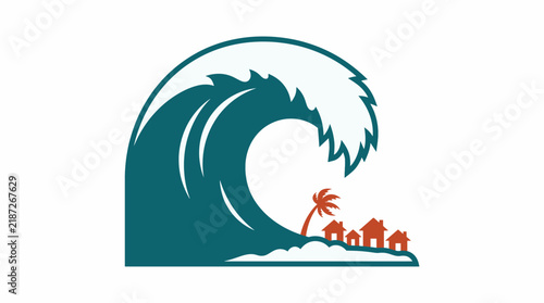 Tsunami wave coastal village flat icon, ocean natural disaster vector