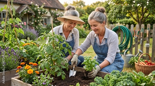 Senior women wearing denim aprons and gardening hats while planting fresh herbs on transparent background