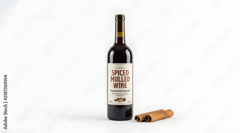 Obraz premium Spiced mulled wine bottle stands next to aromatic cinnamon sticks against a clean transparent backdrop.