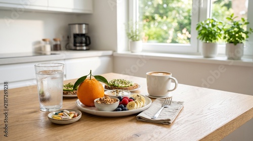 Healthy breakfast featuring fresh orange yogurt granola fruits and coffee cup arranged on transparent background