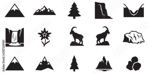 Set of black mountain and nature icons featuring peaks, pine trees, waterfalls, and alpine wildlife. A collection of minimalist vector icons representing mountain landscapes, flora, and fauna for desi