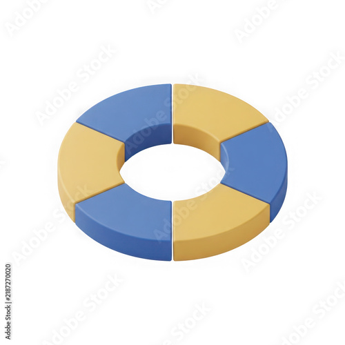 Circular doughnut chart divided into six segments of yellow and blue as isolated element