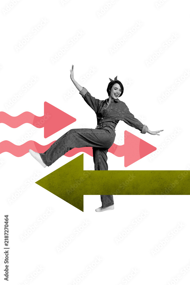 Obraz premium Trend artwork composite sketch image photo collage of young woman stand smile pinup style hairdo walk step huge arrow show direction point