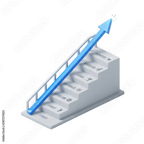 Business growth concept with white staircase steps and blue ascending arrow as PNG cutout